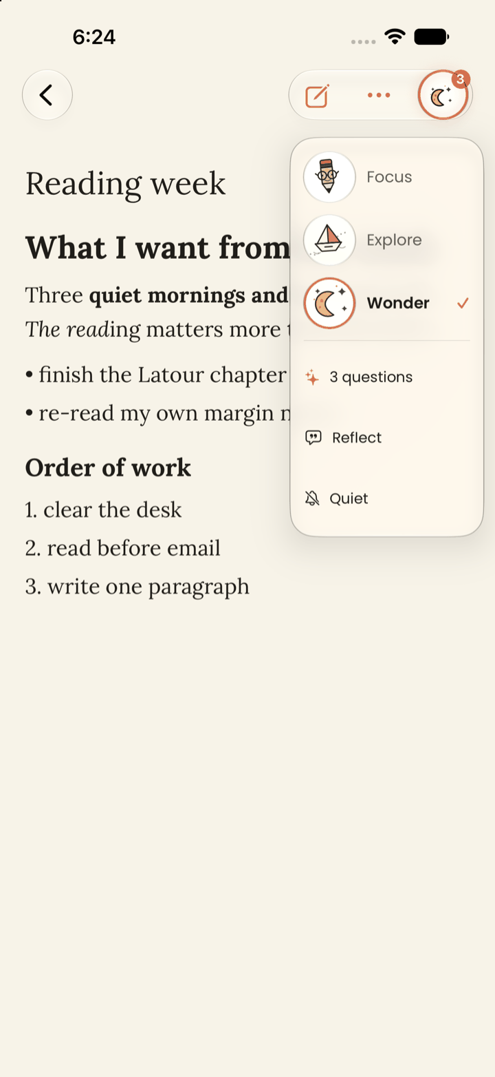 App preview: the margin panel open over the note, listing Focus, Explore and Wonder with their drawings, Wonder selected, then 3 questions, Reflect and Quiet.